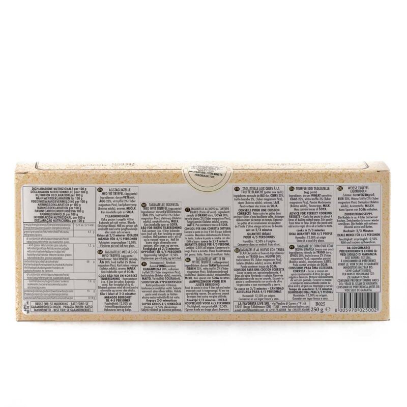 Informazioni confezione tagliatelle al tartufo bianco 250gr